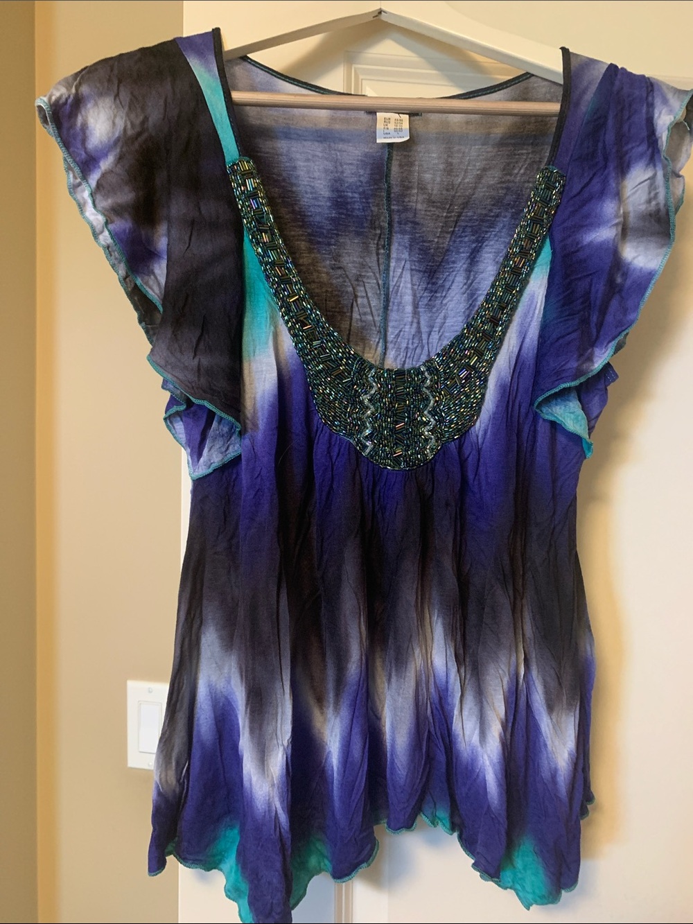 VENUS Embellished Tie-Dye Flutter Sleeve Tank Top in Blue and Teal
